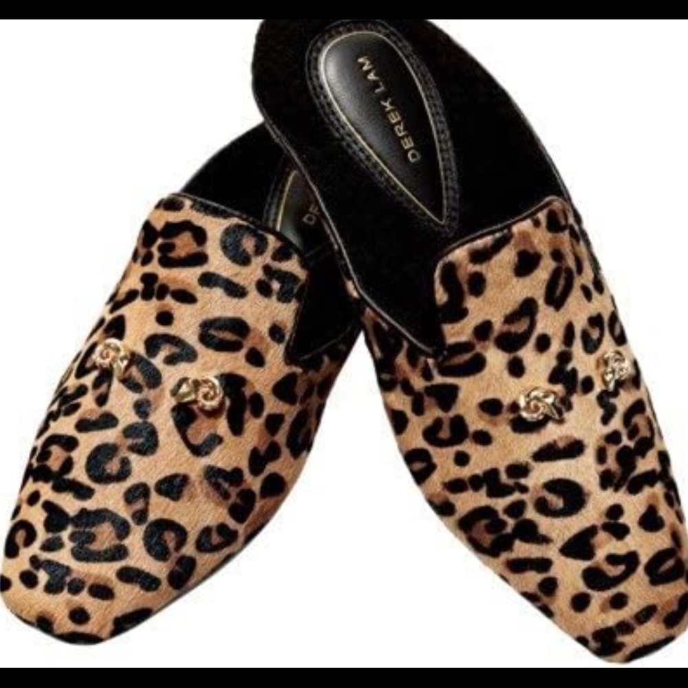 NEW Derek Lam leopard print pony slippers, sheepskin lined 9/10 L neiman Marcus